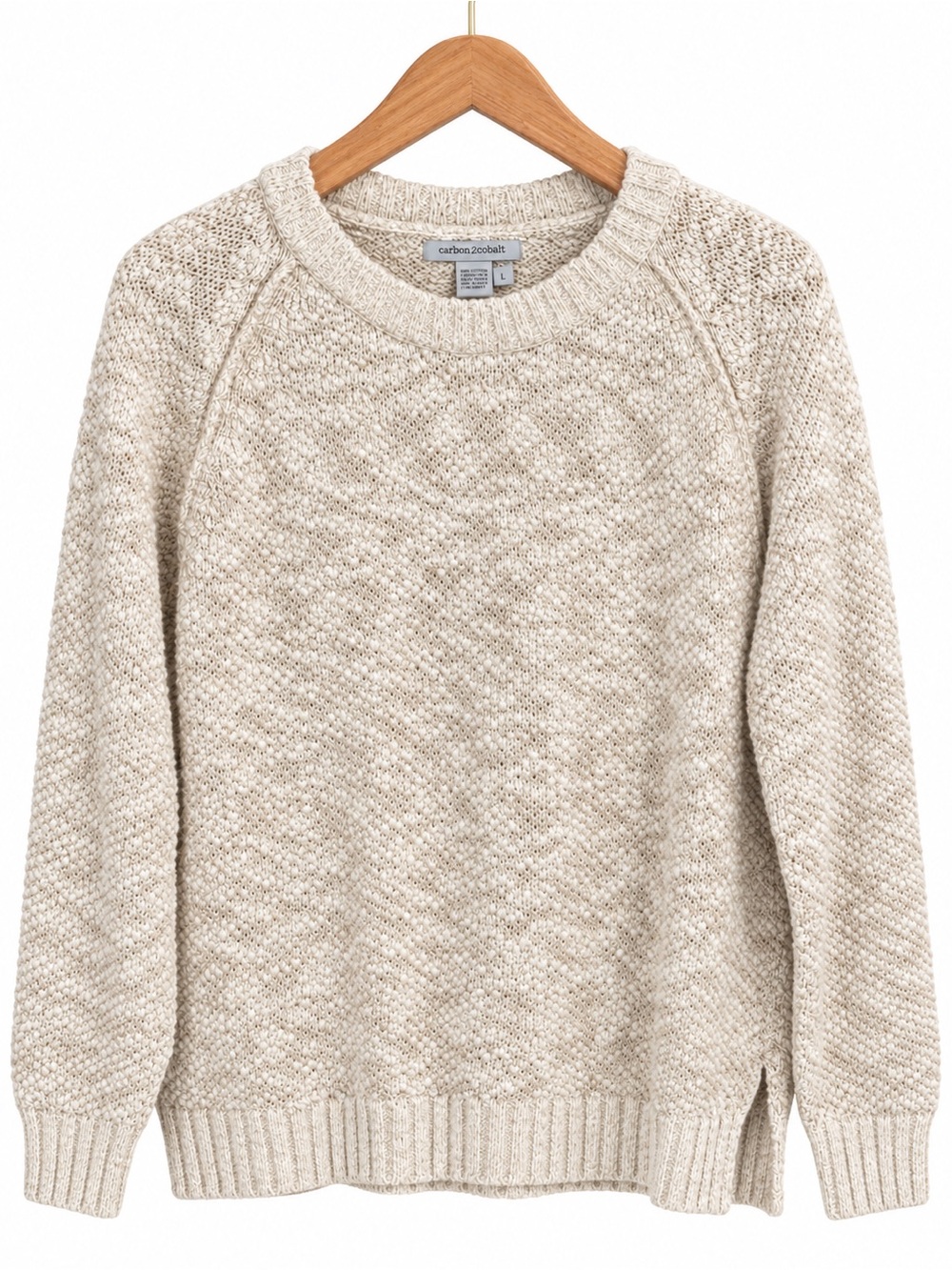Carbon2Cobalt 100% Cotton Textured Knit Crewneck Sweater Cream L